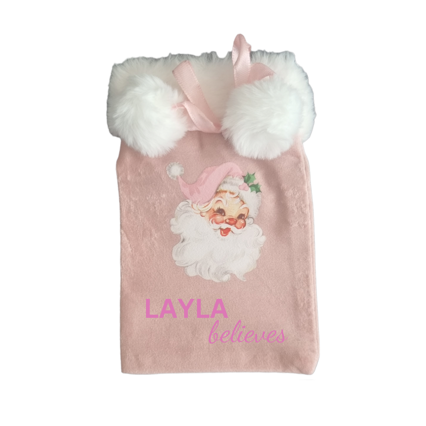 Personalised Pink Mini Velvet Pom Pom Christmas Bag