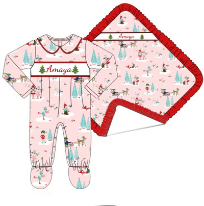 Personalised 2 Piece Pink Christmas Sleighing Girls Sleepsuit (As Worn By Stacey Solomons Baby Belle)