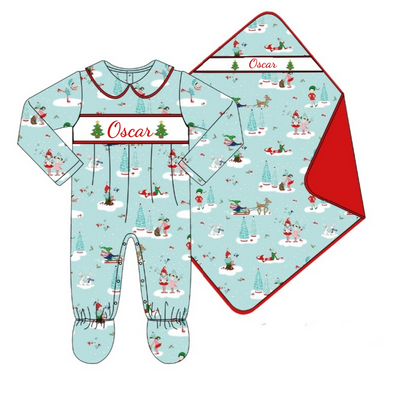 Personalised 2 Blue Christmas Sleighing Boys Sleepsuit