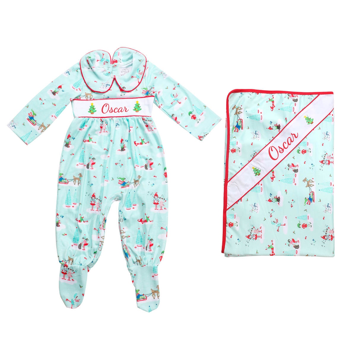 Personalised 2 Blue Christmas Sleighing Boys Sleepsuit