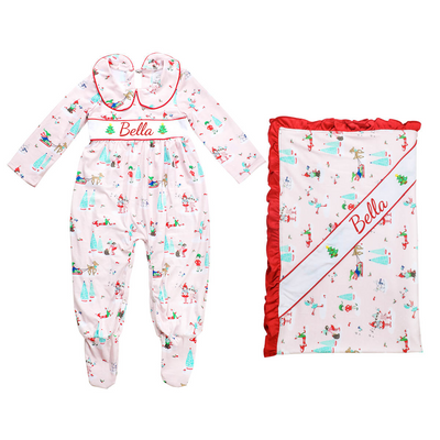 Personalised 2 Piece Pink Christmas Sleighing Girls Sleepsuit (As Worn By Stacey Solomons Baby Belle)