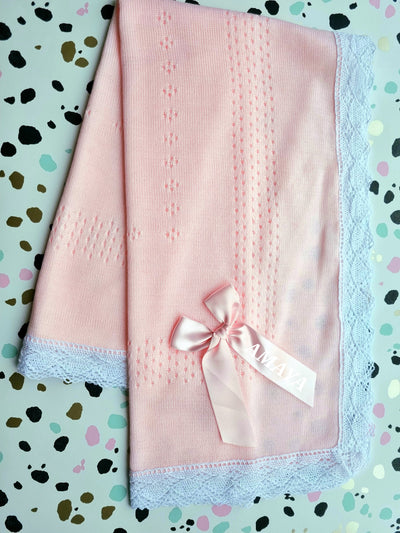 Personalised Baby Pink Crochet Lace Ribbon Shawl/Blanket
