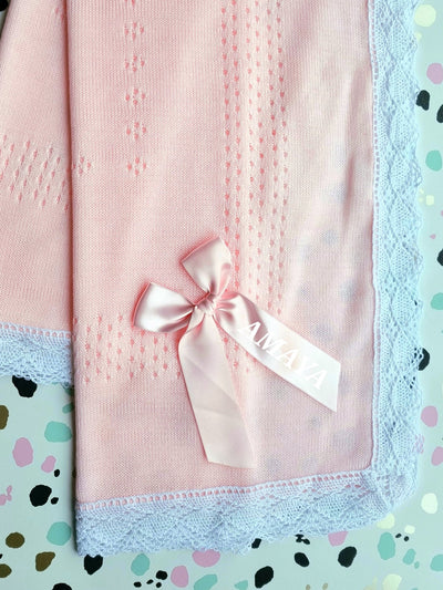 Personalised Baby Blue Crochet Lace Ribbon Shawl/Blanket