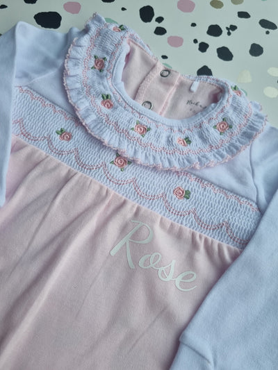 Personalised Baby Pink Rose Smocked Sleepsuit