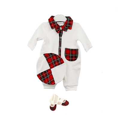 White & Red Tartan Romper with Beret & Shoes