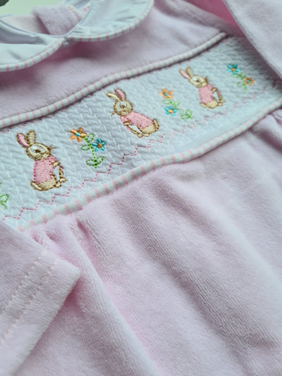 Baby Pink Rabbit Smocked Sleepsuit
