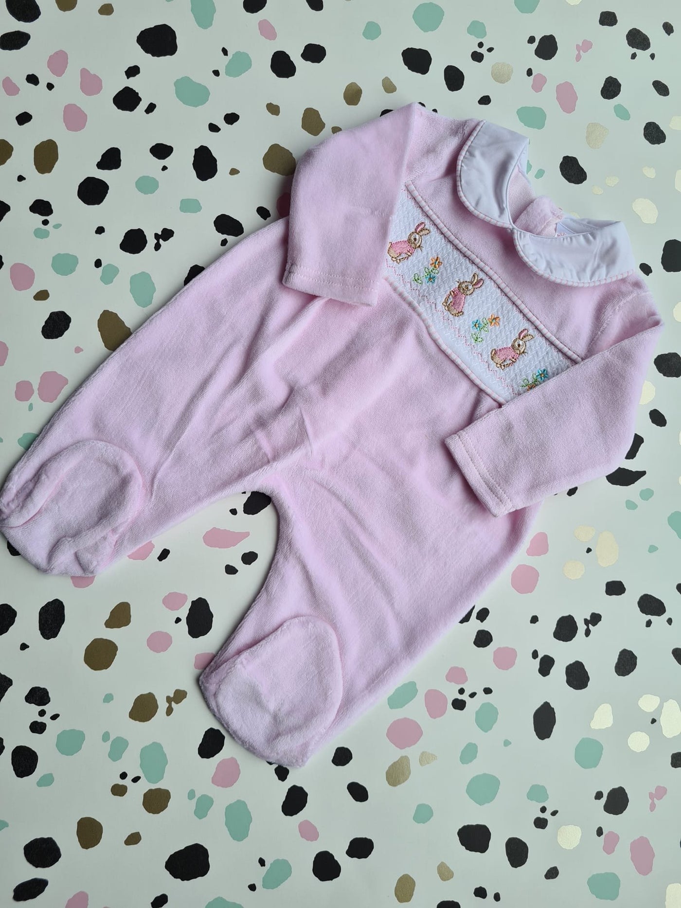 Baby Pink Rabbit Smocked Sleepsuit